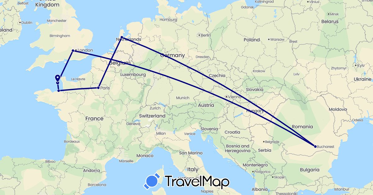 TravelMap itinerary: driving in France, United Kingdom, Jersey, Netherlands, Romania (Europe)